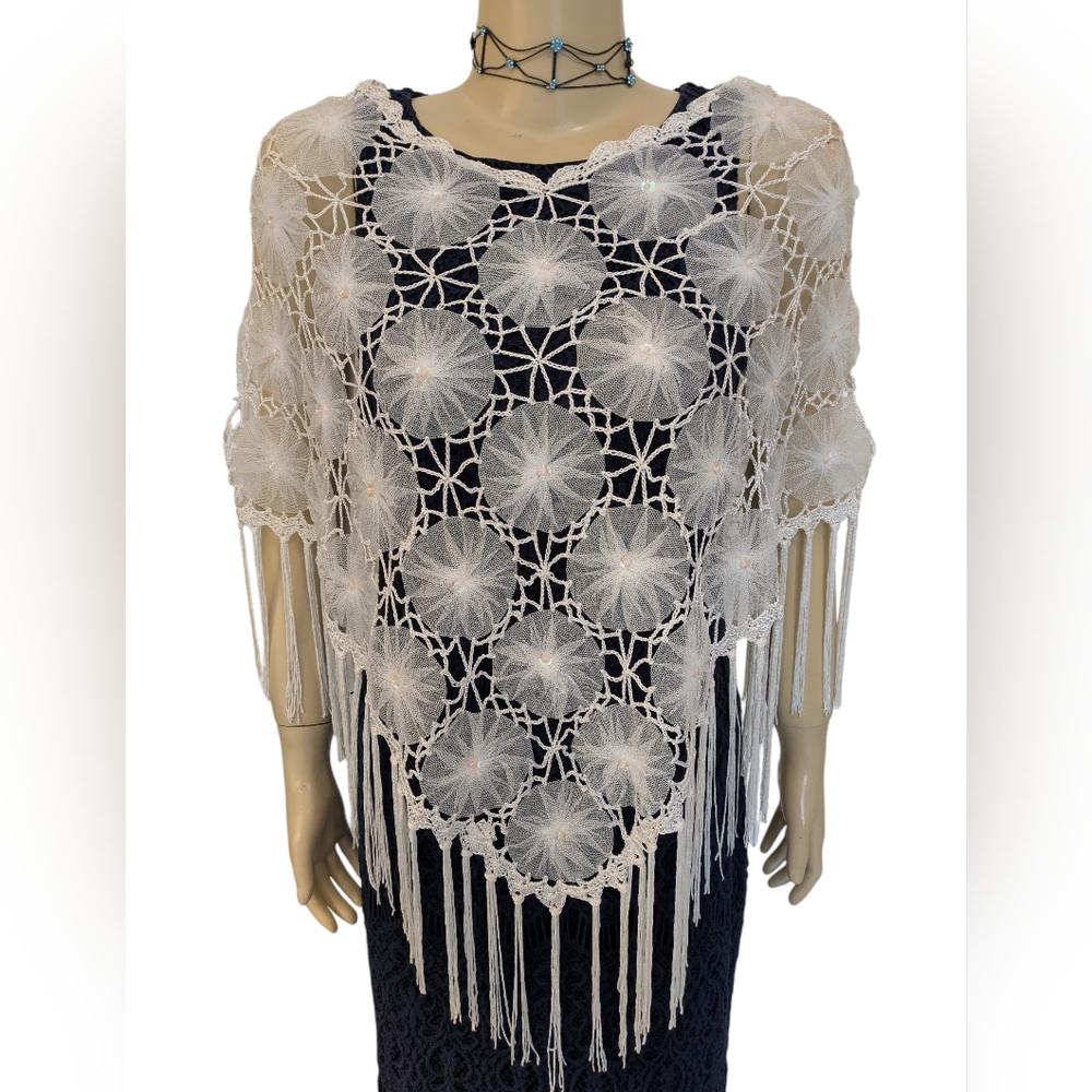 White Crochet Fringe Shawl